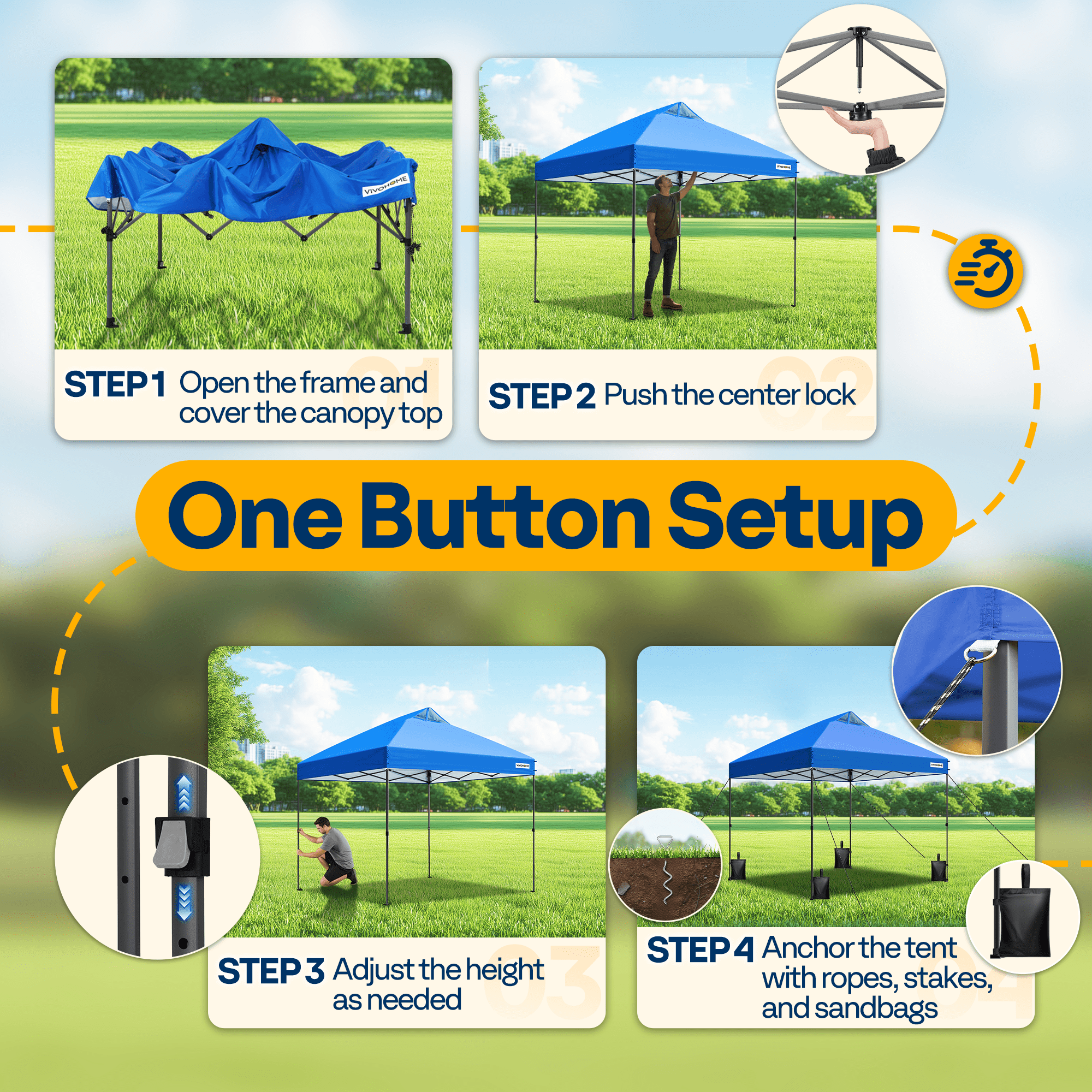 SPECSTAR 8x8ft Pop-up Canopy Tent One Push Setup Instant Tent with Center Lock, Wheel Carry Bag and 4 Sandbags for Events Parties, Blue