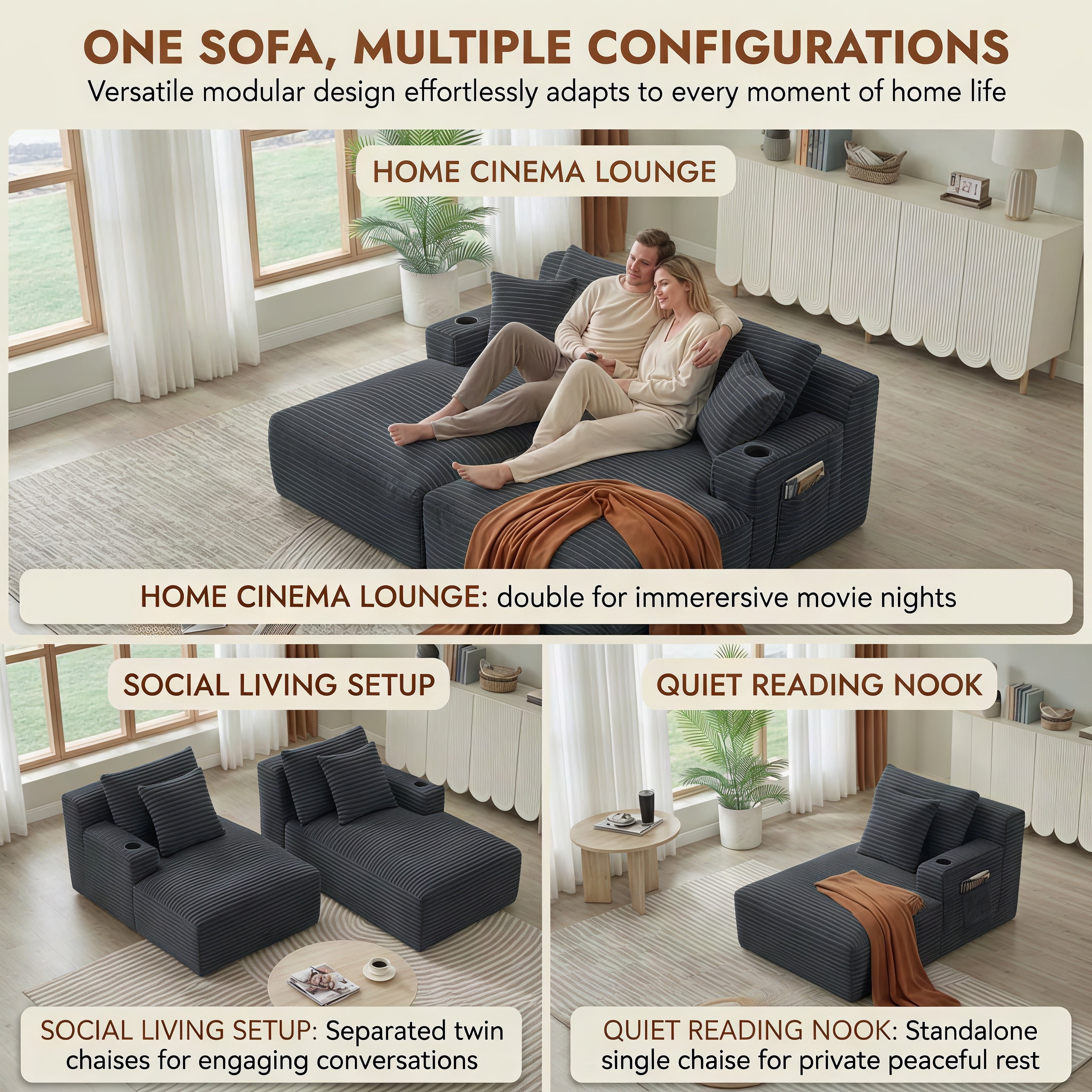 Modular Double Chaise Lounge Chair Indoor, 71" Wide Striped Corduroy Couch Set with Cup Holders & Storage Pockets for Living Room Home Theater, Dark Gray