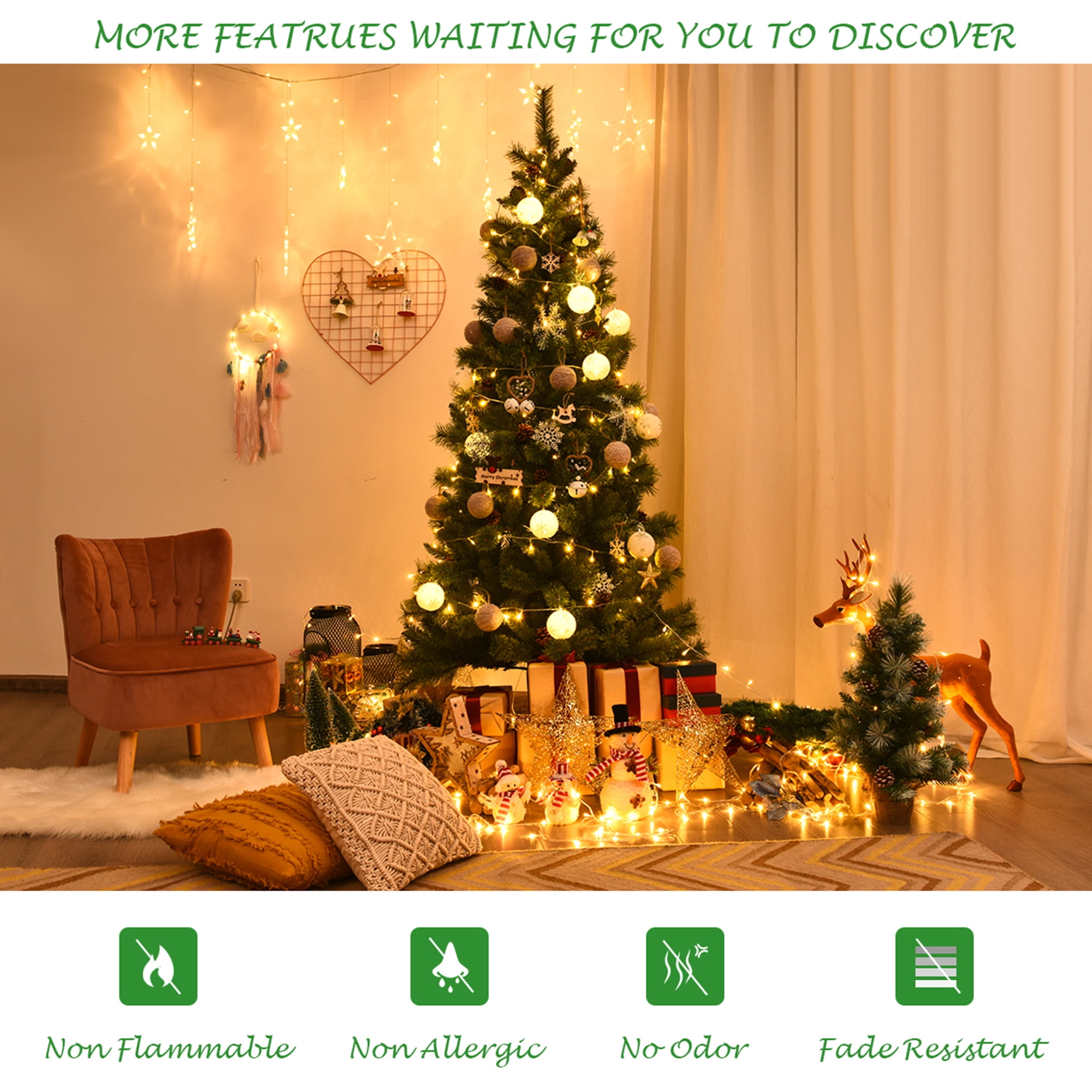 Gymax 7Ft Christmas Tree Artificial Hinged Tree w/ Pine Cones Metal Stand
