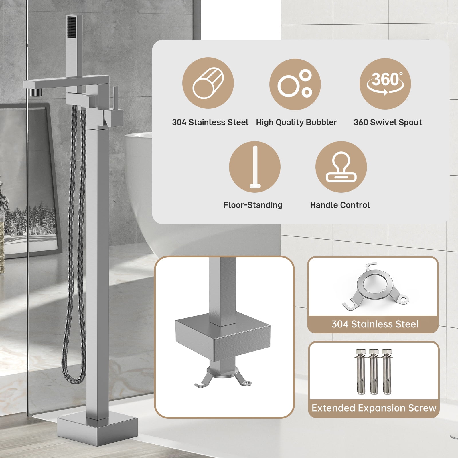 Brushed Nickel Freestanding Bathtub Faucet, Floor Mount Tub Filler,Standing Tub Faucet,Single Handle Brass Tap with Handheld Shower and Swivel Mixer Spout