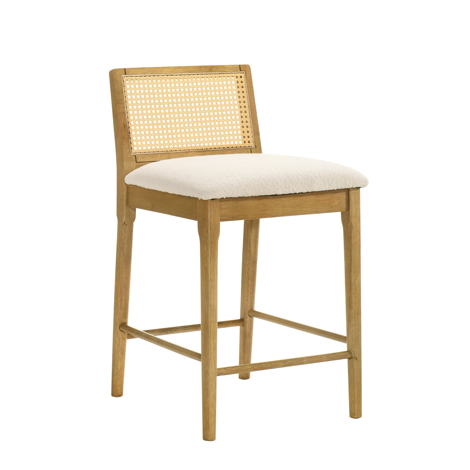 Tobias Coastal Modern Wood Counter Height Kitchen Bar Stool in Amber Glow Finish with White Boucle Fabric Upholstered Seat - Set of 3