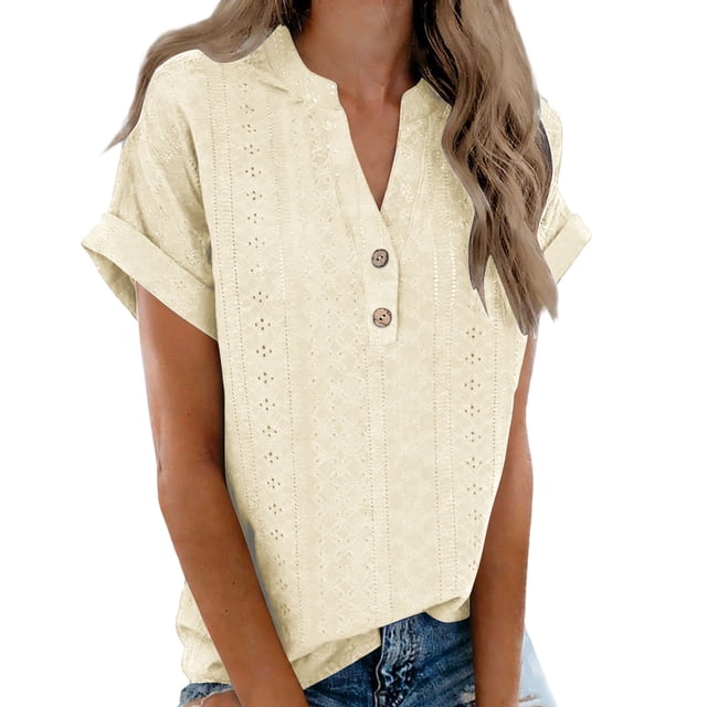 TaTaai Women’s Casual Pa Collar V Neck Button Blouse Short Sleeve Loose Fit Solid Color Printless T Shirts Soft Polyester Summer Holiday Wear Gift