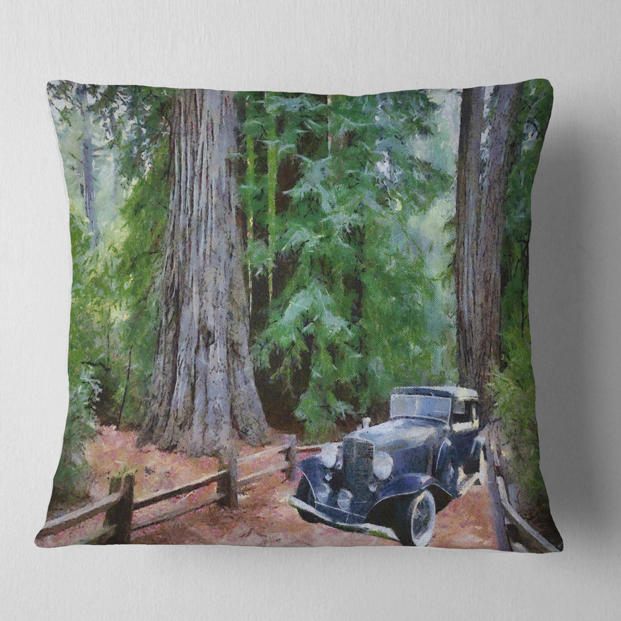 Designart Vintage Car in Forest - Landscape Painting Throw Pillow - 18x18