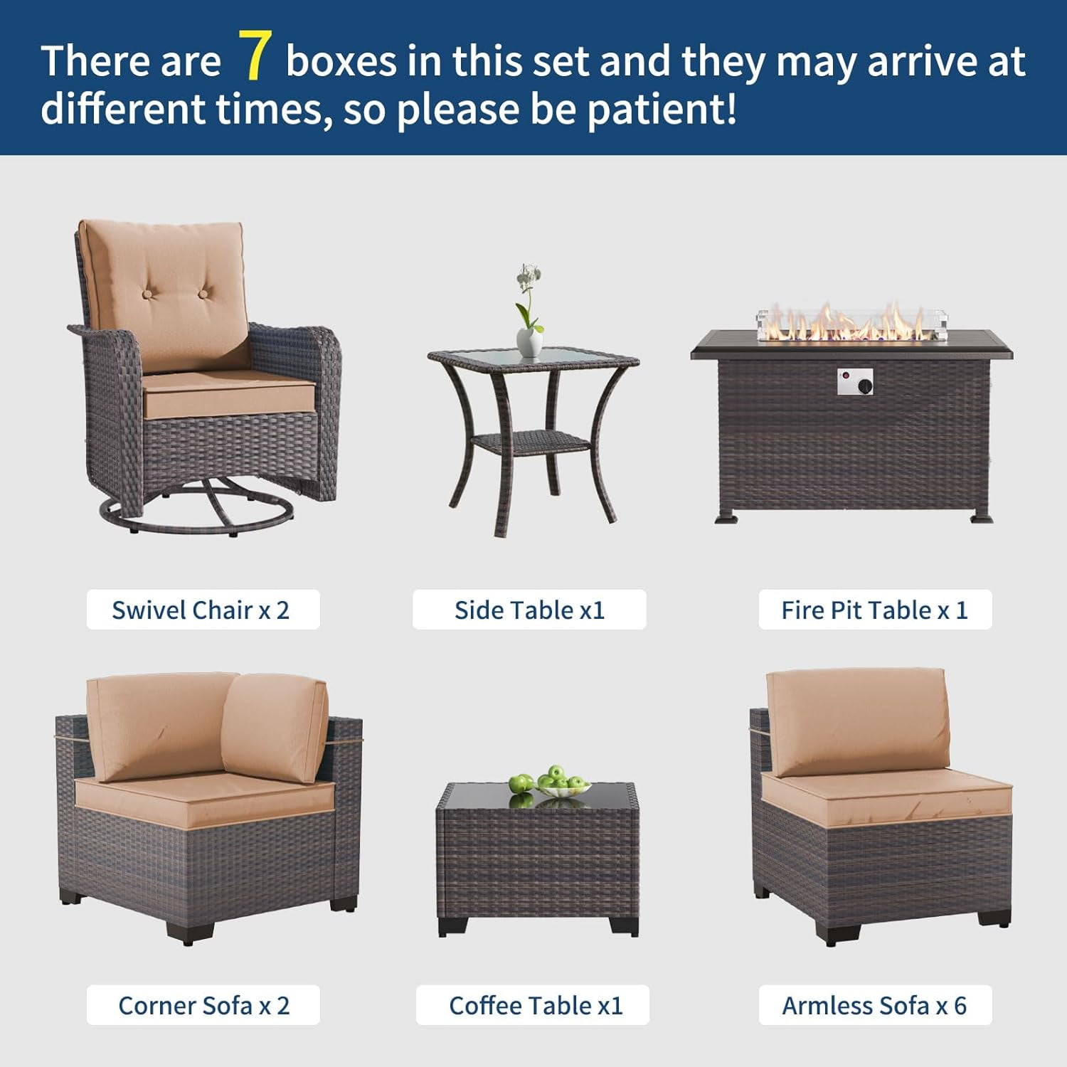ALAULM 13 Pieces Outdoor Patio Furniture Set with 2 Swivel Rocking Chairs 55 000 BTU Gas Fire Pit Table w Glass Wind Guard Patio Conversation