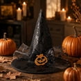 thumbnail image 2 of Halloween Witch Hat for Women, Black Lace Wizard Hat with Pumpkin Skeleton Rose Decor, Gothic Costume Accessory for Halloween Party Cosplay Carnival Dress Up, 2 of 5