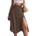 thumbnail image 2 of Women'S Summer High Waisted Flowy Slit Midi Skirts Casual Boho Floral Beach Skirt Brown M, 2 of 9