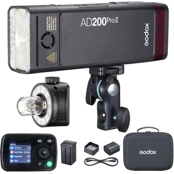 Godox AD200Pro II Flash Strobe, 200Ws HSS 1/8000, 0.01-1.8s Recycle, 2980mAh, 2.4G Wireless X System, Bare Bulb/Fresnel Head