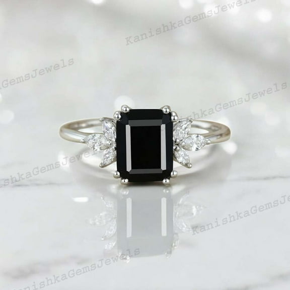 KANISHKAGEMS&JEWELS 2 Ct 8x6mm / Emerald Cut Onyx Wedding Ring CZ Diamond Cluster Proposal Ring White Gold Plated Promise Women Jewelry Birthday Gift For Her