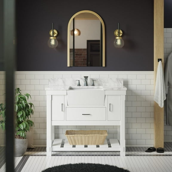 Charlotte 42" Farmhouse Bathroom Vanity with White Cabinet and Carrara Marble Top
