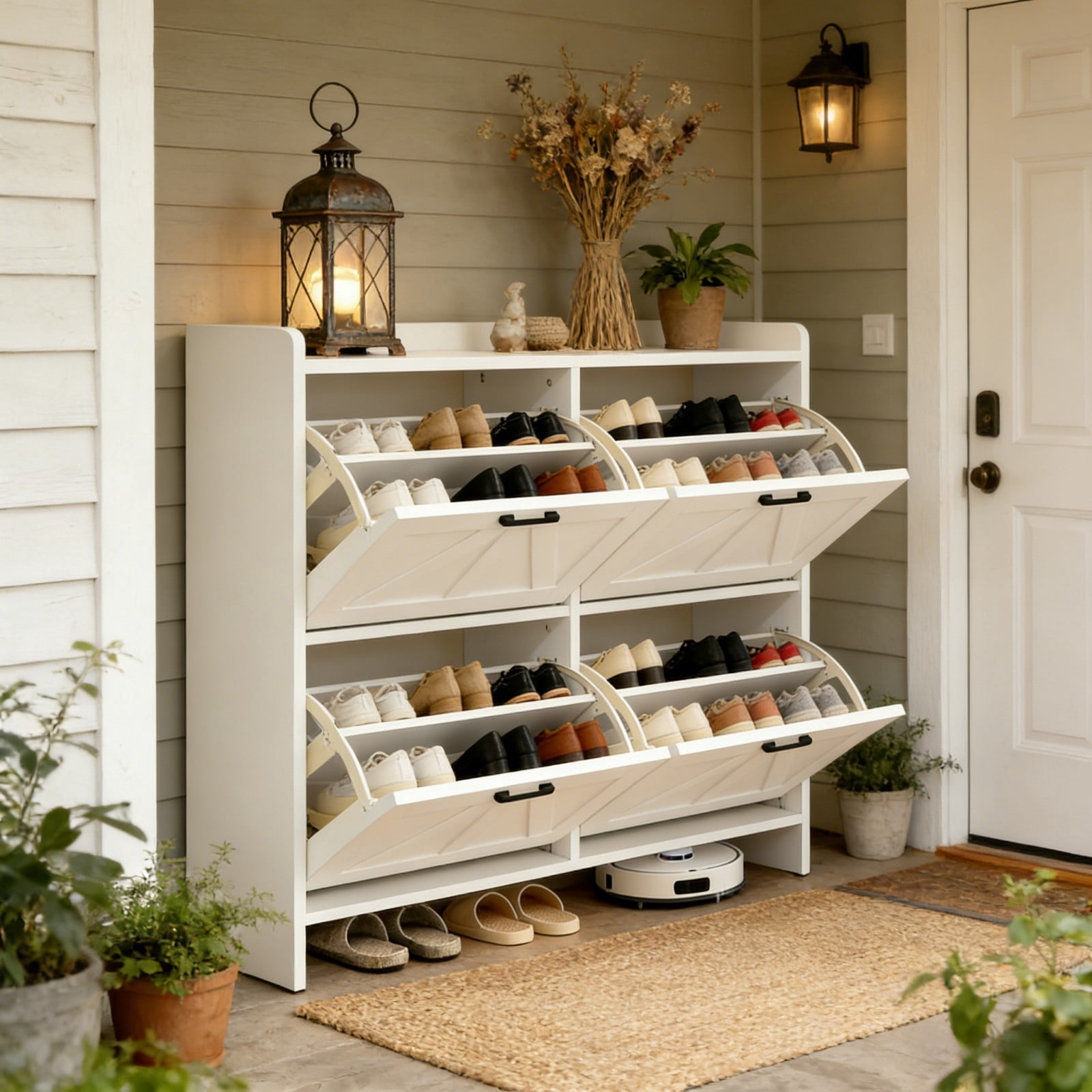 White Shoe Cabinet with 4 Flip Drawers, Modern Slim Entryway Shoe Storage Organizer with Barn Door Design for Hallway Living Room