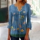 thumbnail image 1 of ICHUANYI Clearance Women's Casual Trumpet 3/4 Sleeve Printed Buttoned Basic Ruched Tops Pleated T-shirts Blouses(Blue, XXL) ICHUANYI WER2023080910798, 1 of 5