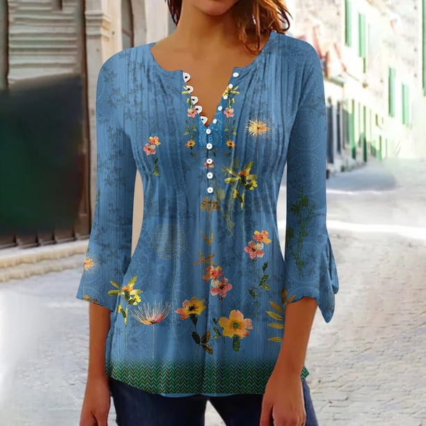 ICHUANYI Clearance Women's Casual Trumpet 3/4 Sleeve Printed Buttoned Basic Ruched Tops Pleated T-shirts Blouses(Blue, XXL) ICHUANYI WER2023080910798