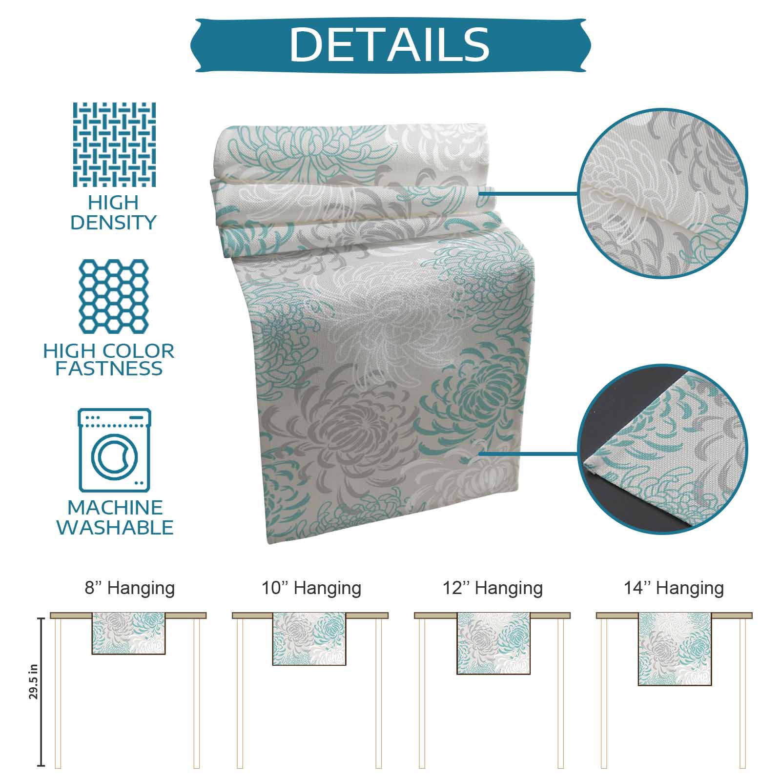 Table Runners 48 Inches Long Dress Scarves, Aqua White Farmhouse Kitchen/Dining Table Runner, Short Coffee Tablerunners, Abstract Grey Chrysanthemum Flower Floral 13x48 Inch