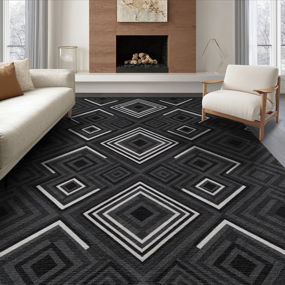 ODIKA 8'x10' Washable Area Rug Durable, Non-Slip Geometric Interlocking Shapes Symmetrical Grey Abstract Alfombras for Living Room, Under Sectional, Family