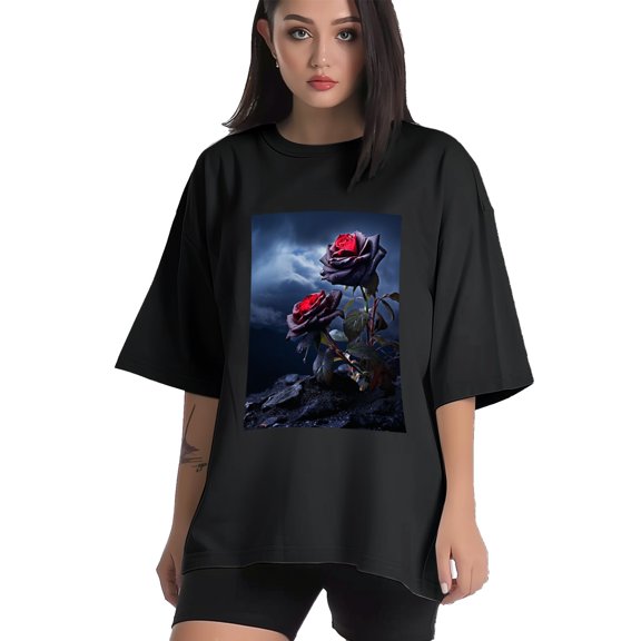 Plus Size Shirt for Women Black Tops for Women Short Sleeves Shirt for Women Roses T Shirt Crewneck Shirt for Women XS