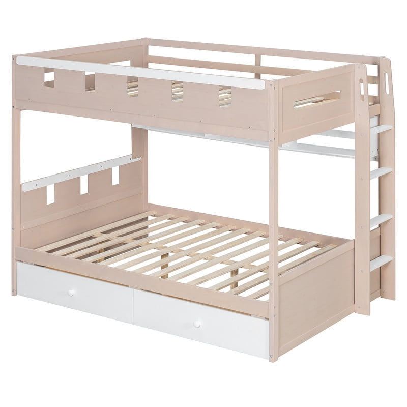 Full Size Castle-Designed Kids's Bunk Bed with Built-in Ladder & LED Strip, Storage Wooden Bed Frame with 2 Drawers & Shelves