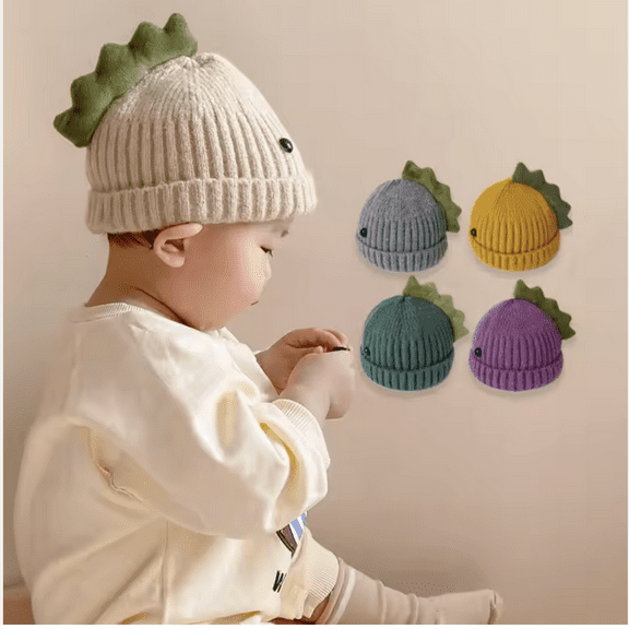 Baby Toddler Autumn and Winter Cute Dinosaur Shape Woolen Beanie Hats Thick Warm Pom Pom Knitted Dinosaur Baby Hats (Orange)