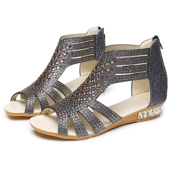 Wedge Dressy Sandals for Women 2025 Roman Vintage Sparkly Leather Peep Toe Low Heel Back Zipper Dress Sandals