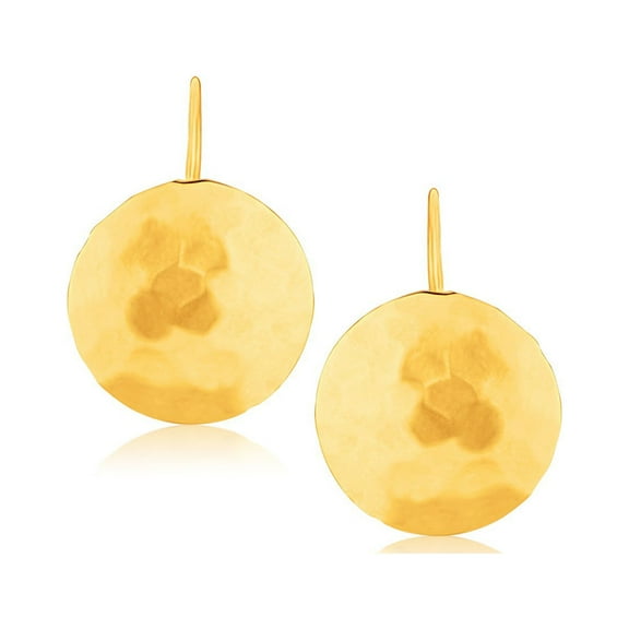 14k Yellow Gold Hammered Texture Disc Drop Earrings Medium