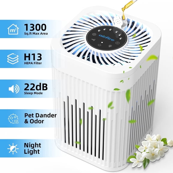 AIRFIRE Air Purifier for Bedroom up to 1300 Sq.ft, True HEPA Air Purifier for Home, 22dB Ultra Quiet, Night Light, Removes Pet Hair&Odor, Dust, Wildfire/Smoke, AP205, White
