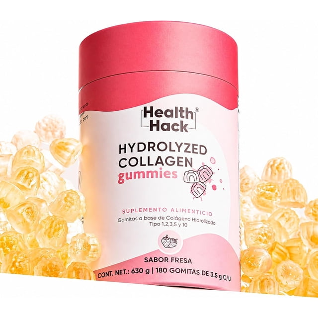 Gomitas de Colágeno Hidrolizado Health Hack 5 Tipos con Ácido Hialurónico Vitamina C Zinc y Biotina Sabor Fresa Sin Azúcar 180 Gomitas