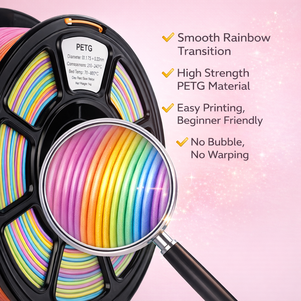 Rainbow PETG 3D Printer Filament, Multicolor 3D Printing Model Filament Matte, +/- 0.02mm, High Gloss Finish, Low Warping, for Most 3D FDM Printer