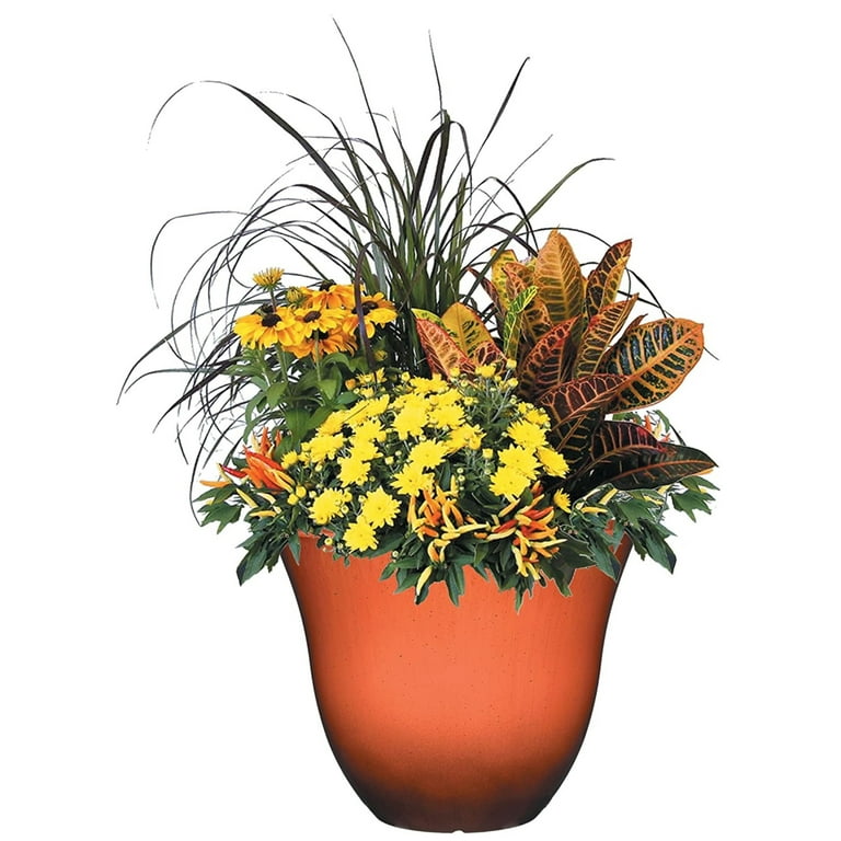 Classic Home and Garden Indoor/Outdoor Round Honeysuckle Resin Flower Pot  Planter, Orange Ember, 13"