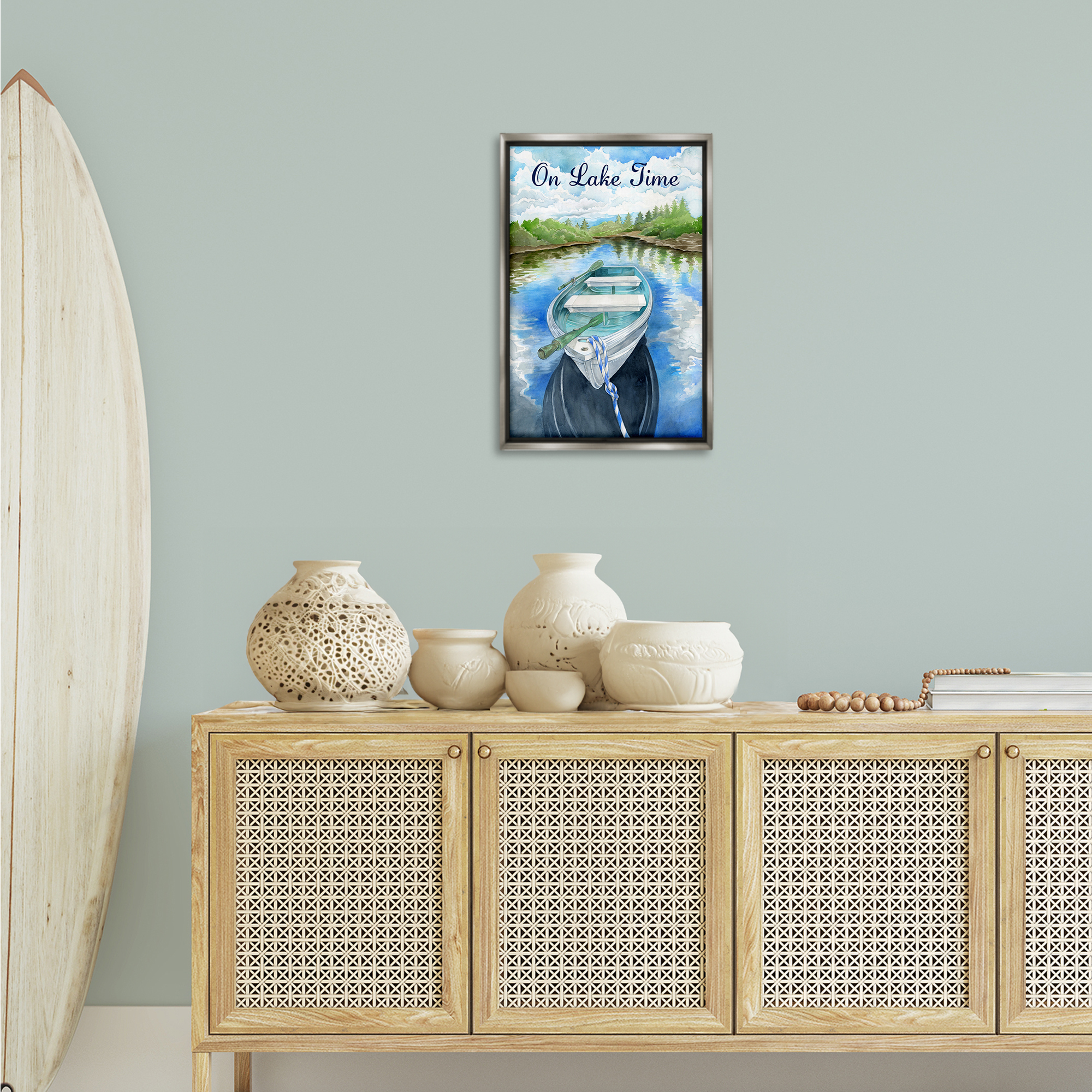 Stupell Industries On Lake Time Canoe Transportation Painting Gray Floater Framed Canvas Art Print Wall Art, 17 x 25
