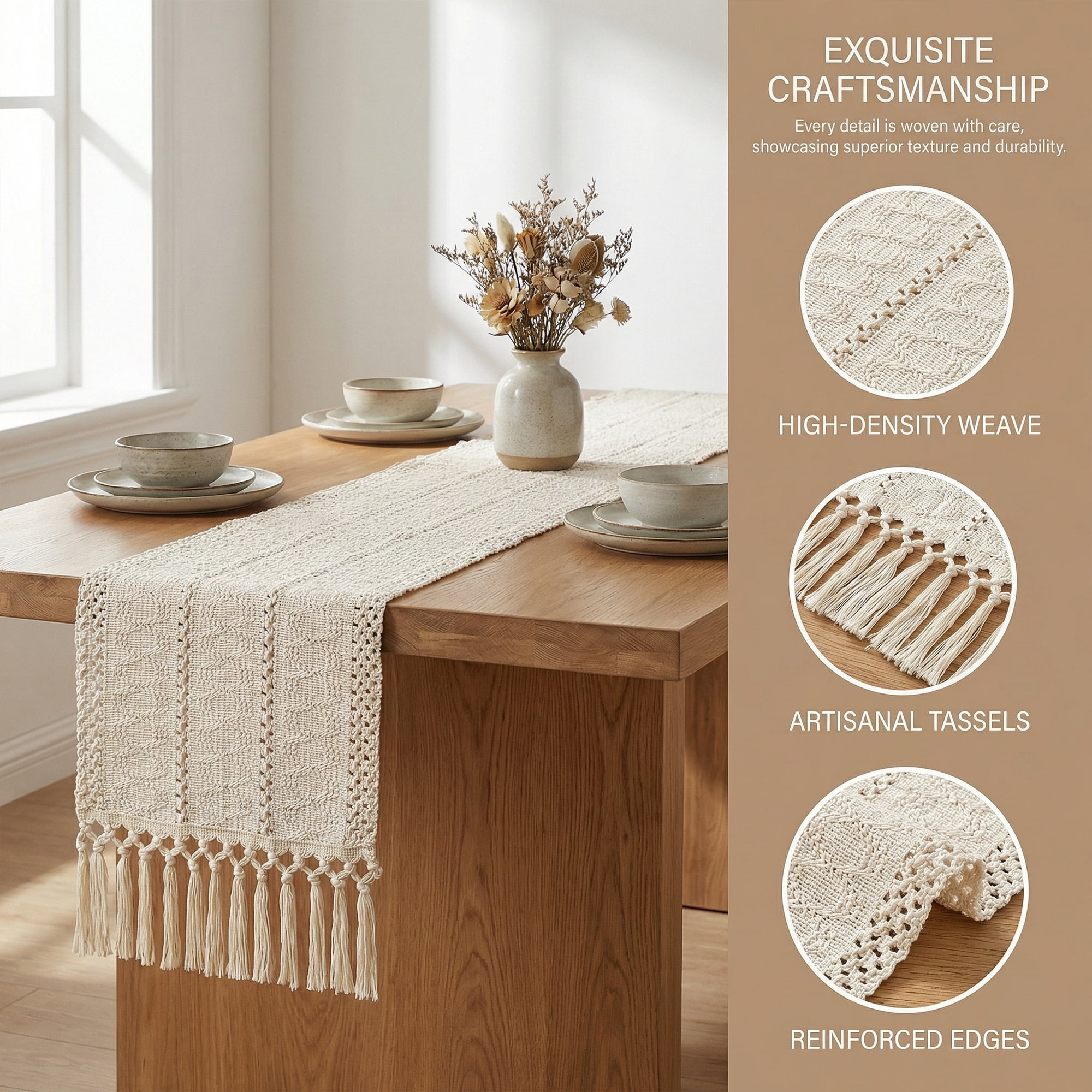 Unique Bargains Kitchen Decor Table Runner with Tassel Three hollowed 11.8x70.9in