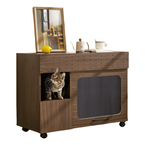 Mid-Century Cat Litter Box Furniture, Walnut Side Table with Flip-Up Acrylic Door & Storage, Multi-Use Pet Cabinet with Rollers and Litter Channel, Space-Saving Solution
