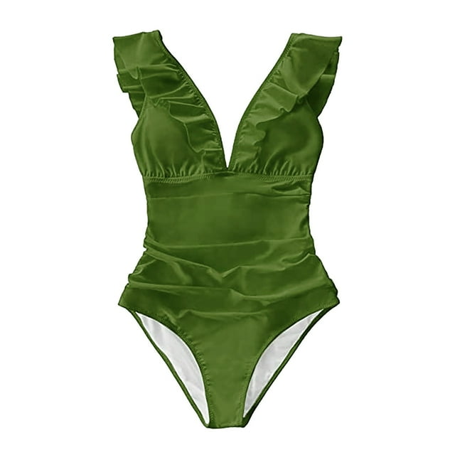 Cathalem Womens Swimsuit Ruffled One Piece Swimsuit V Neck Swimwear Cut Out Back Bathing Suit,Green L
