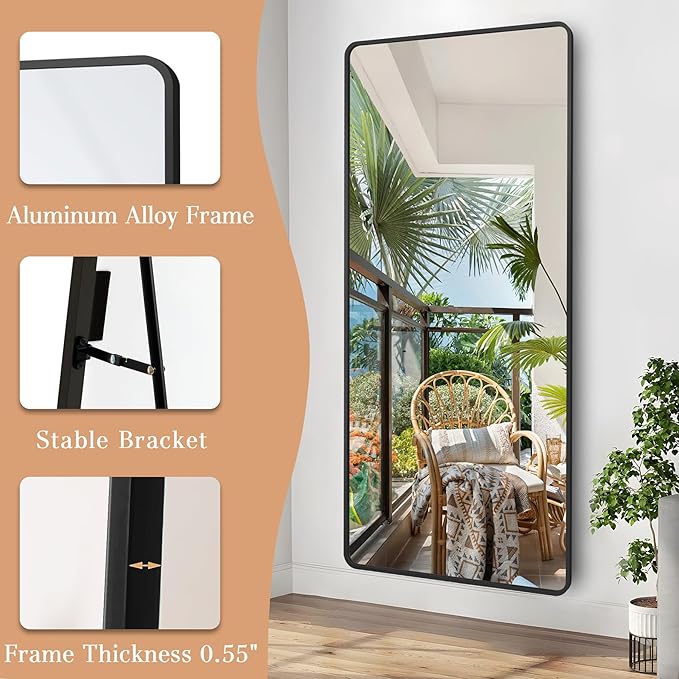 MAYEERTY Freestanding Full Length Mirror with Stand, Aluminum Alloy Rounded Corner Tempered Glass Floor Mirror Wall Mounted for Bedroom Dressing Room, 64x21in, Gold