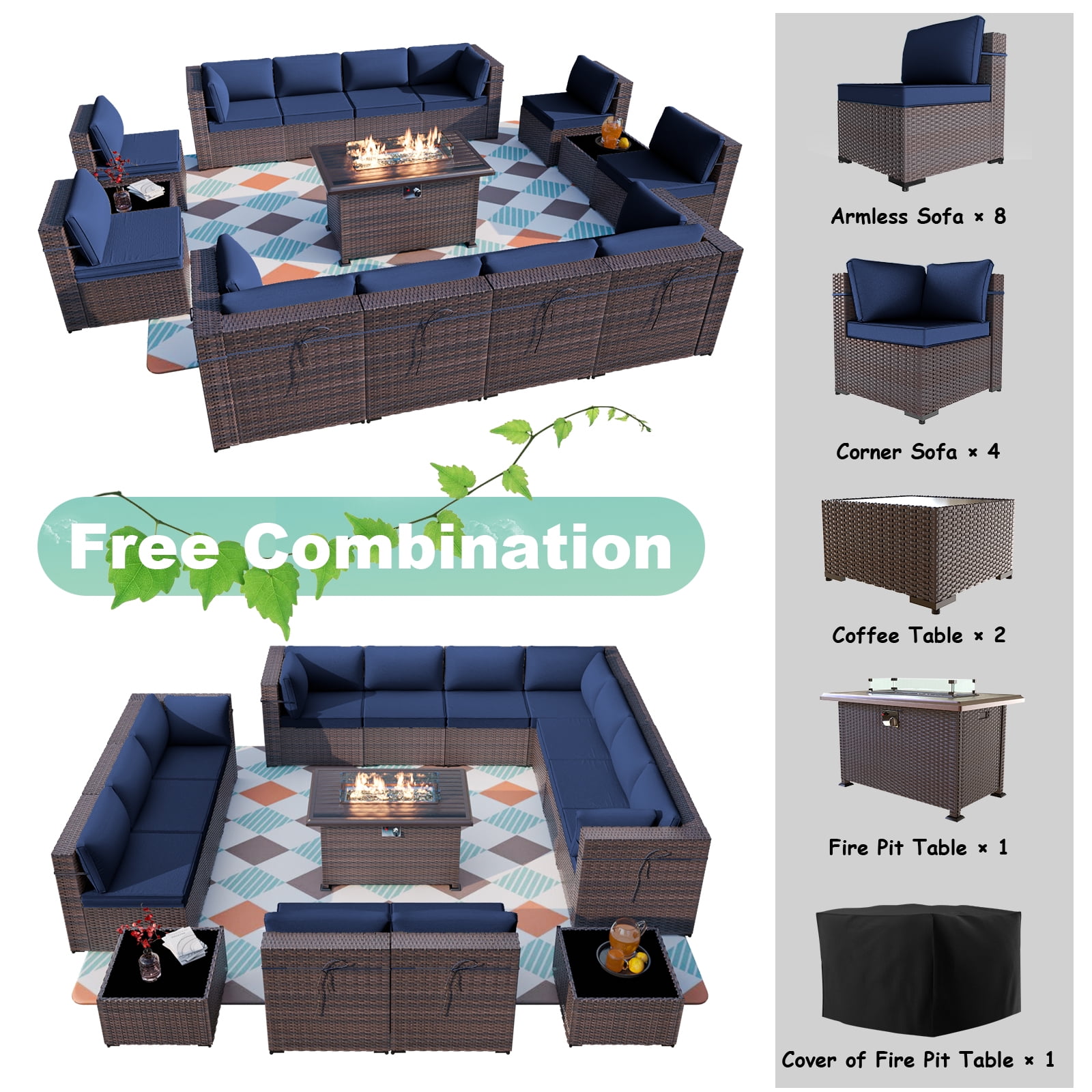 ALAULM 15 Piece Outdoor Patio Furniture Sectional Sofa with Gas Fire Pit Table and 55,000 BTU Firepit, Navy Blue/Brown