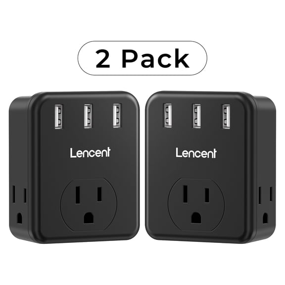  LENCENT 2 to 3 Prong Outlet Adapter Wall Outlet Extender with 3 USB ports,  Power Strip 3-Side Adapter Multiple Charger Expander for Home 2-Pack