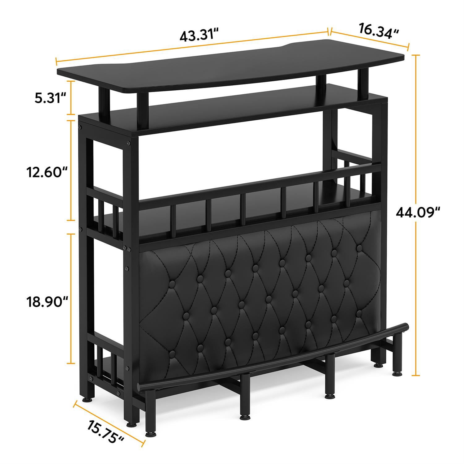 Demi Bonn 44" Bar Unit for Liquor, Home Entertainment Bar Cabinets with Storage and Footrest, Pub Tables for Kitchen, Dining Room, Black