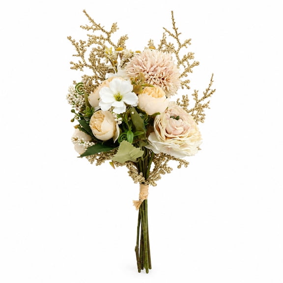 Artificial Flower Bouquet, 16 Inch Silk Peony Arrangement with Hydrangeas and Daisies, Champagne Floral Centerpiece for Wedding Home Decor
