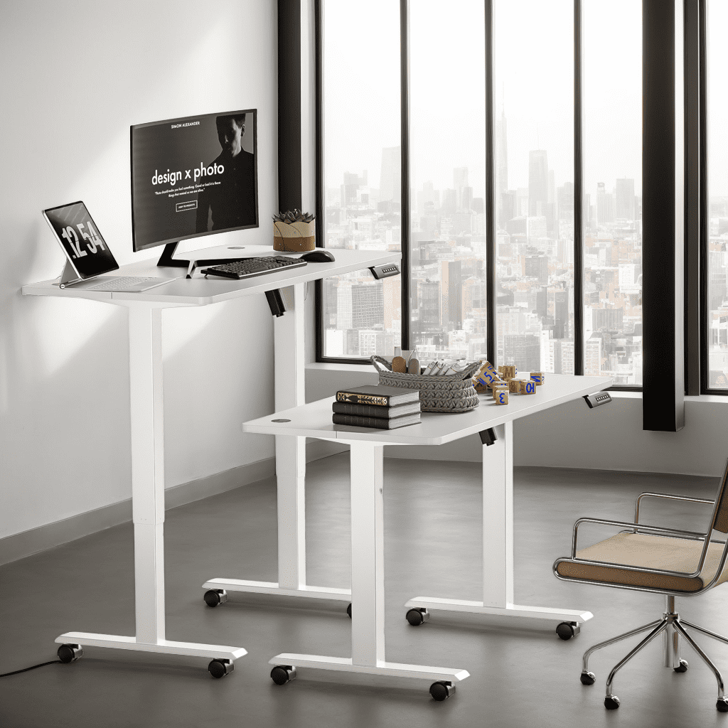 Legooin 55"W x 24"D Mobile Standing Desk with Pre-set Height Function 28"-45" Height Adjustable Computer Table for Multi Monitors, White