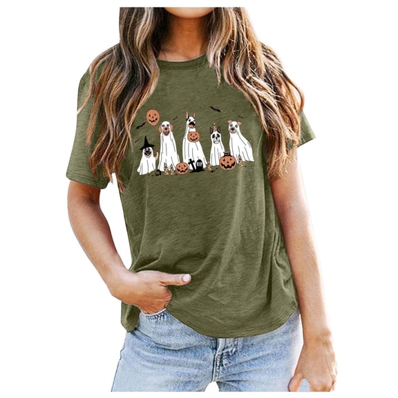 Glisme Halloween Shirt For Women Cute Ghost Print Short Sleeve Round Neck Tees Party Breathable Women T-Shirt Size L Army Green