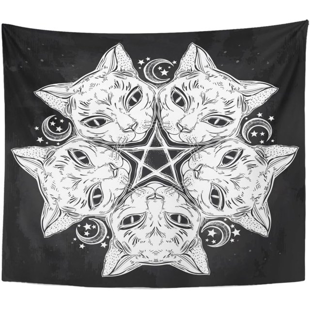 Tapiz Negro Anime Cabeza de Gato Retrato Redondo Luna Pentagrama Ideal Decoración del Hogar Colgante de Pared para Sala de Estar Dormitorio 73x95 CM