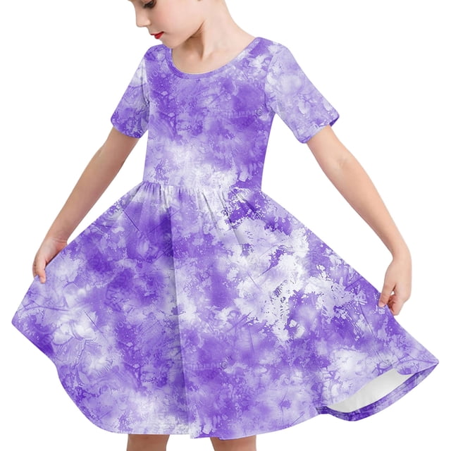 Odeerbi Niñas Gradiente Tie-Dye Skater Vestido Verano Flamed Swing Vestido Niños Manga Corta Elástico Vestido de Una Línea