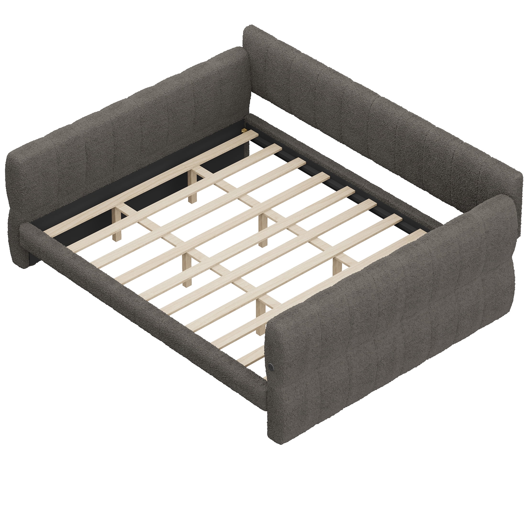 Noble House King Size Lambswool Upholstered Platform Bed, Pine Wood Bed Frame with USB Charging Port, Gray
