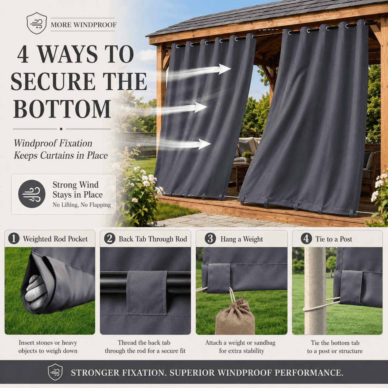Lapalife Outdoor Curtains for Patio Waterproof 71 x 108 in Windproof Grommet & Back Tab Thermal Insulated Keep Privacy for Yard Porch, 1 Panel
