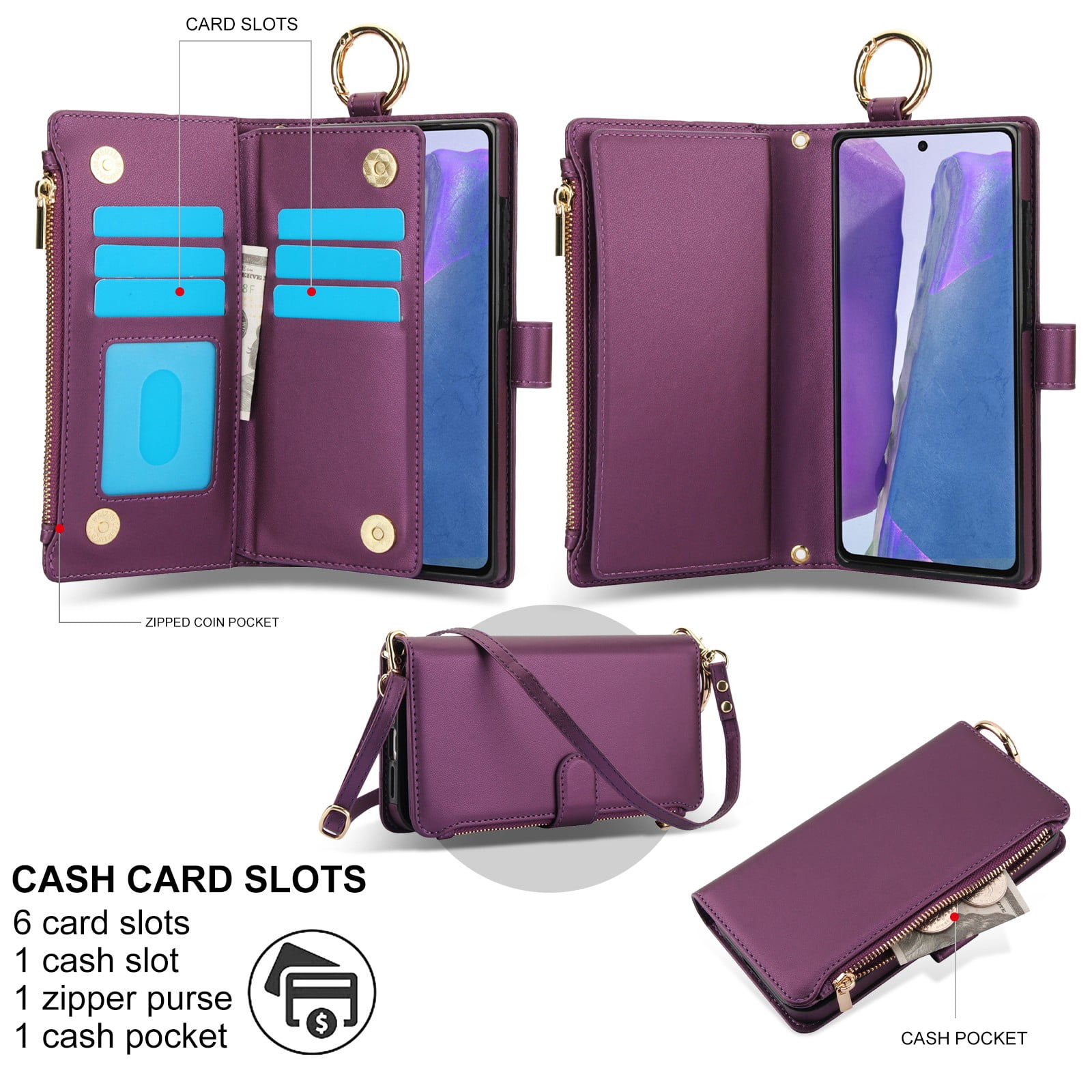 ELEHOLD For Samsung Galaxy Note 20 Phone Case Leather Crossbody Zipper Card Wallet Flip Case Kickstand Cover, with Ring Holder,Full Body Protection-Deeppurple