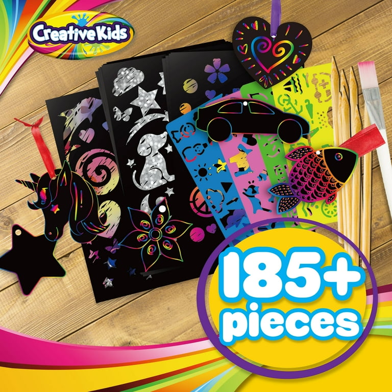 Creative Kids Rainbow Scratch Paper Craft Set - 185 Pieces Scratch Paper  Art Kit - Black Scratch Off Pad - Magic Scratchboard Sheets, Stencils -  Great Family Activity - Gift for Girls and Boys 4+ 