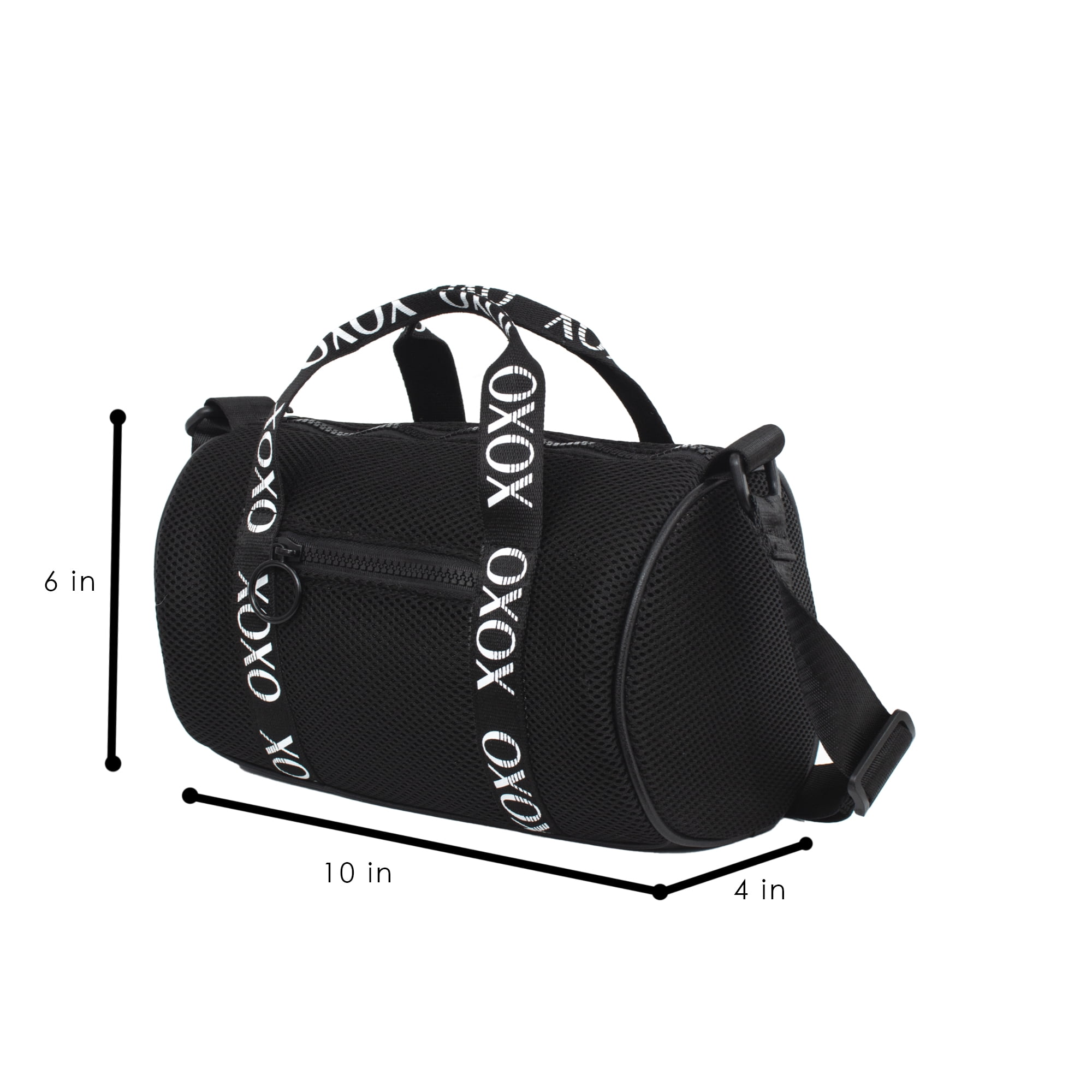 XOXO Women's Fabric Black Mesh Everyday Barrel Bag withTop Handles & Adjustable Strap