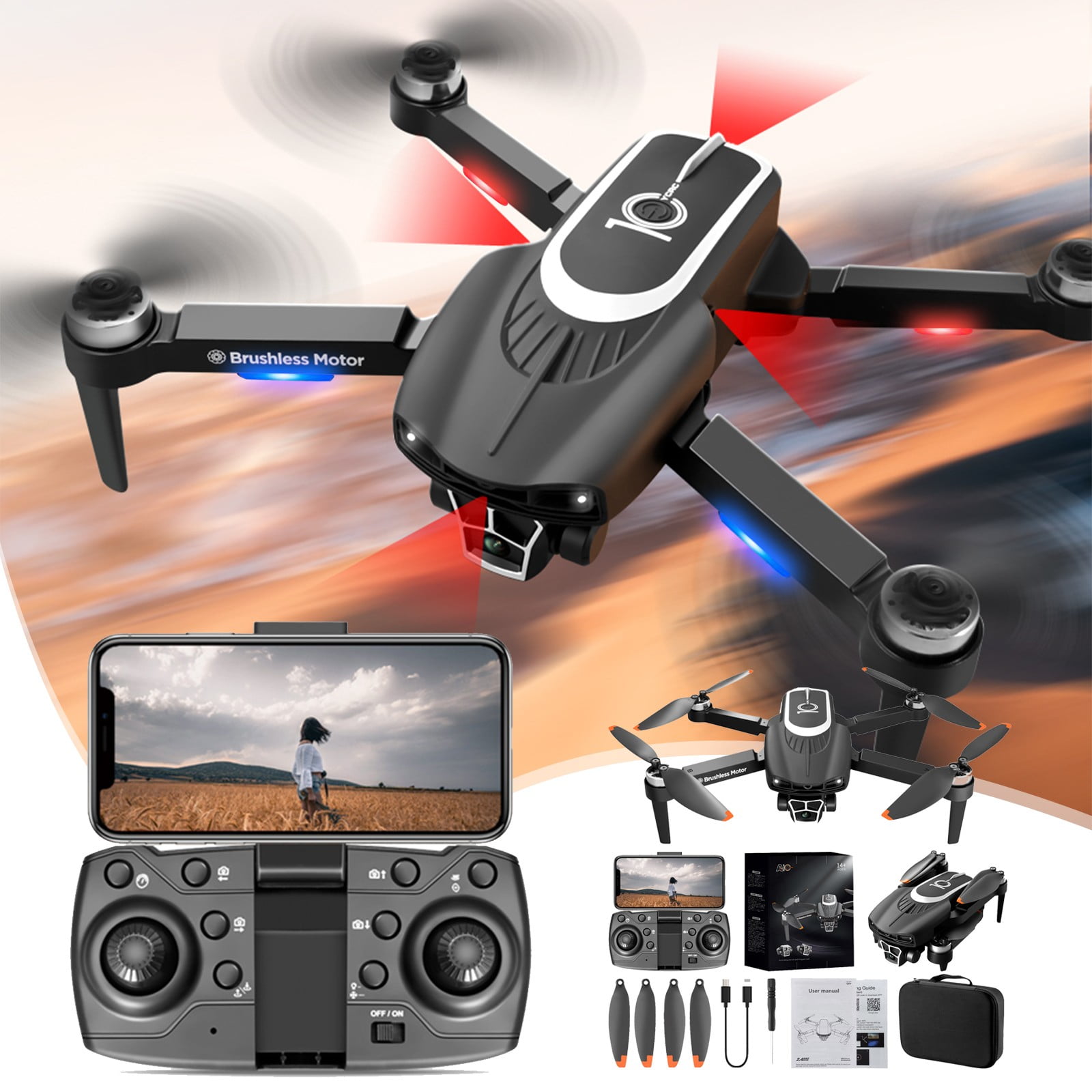 4K Camera Drone with Dual Cameras, Brushless Motors, Long Flight Time, Altitude Hold and Obstacle Avoidance for Beginners, Adults