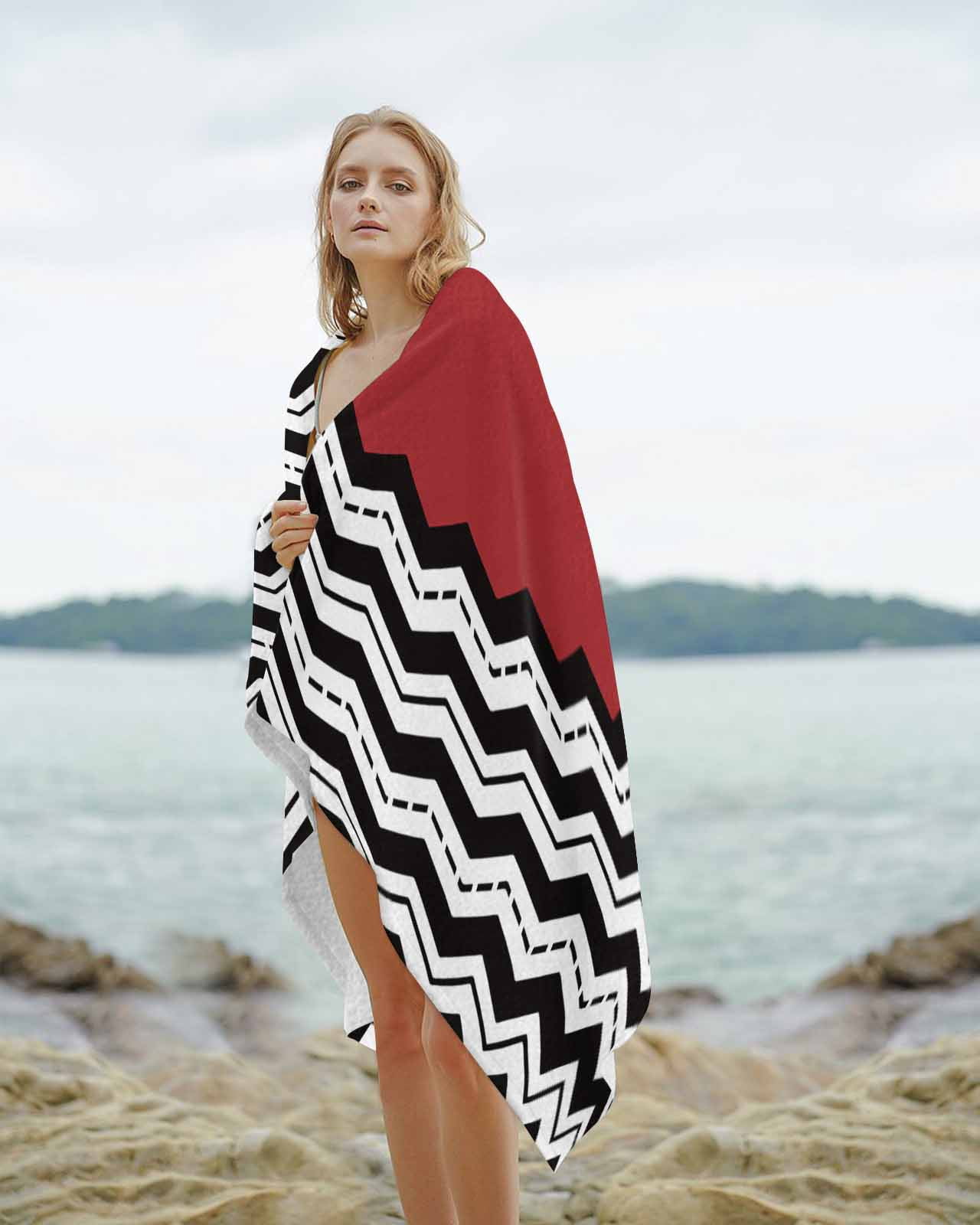 Black White Chevron Beach Towels Oversized Super Absorbent, Geometric Red Sea Wavy Striped Lightweight Bath Towel Quick Dry Sets For Bathroom/Pool/Rv Camping/Beach Play/Gym Room/Picnic 23"x47"