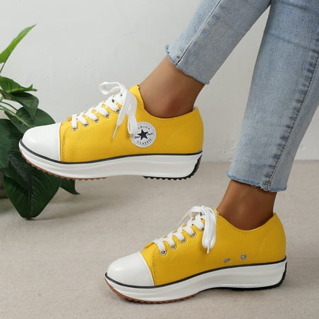

Women‘s Leisure Canvas Fabric Sneakers Thick Bottom Low Top Lace Up Round Toe Casual Shoes Women‘s Footwear