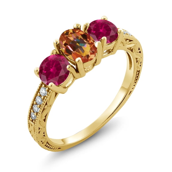 Gem Stone King 3.12 Ct Ecstasy Mystic Topaz Red Created Ruby 18K Yellow Gold Plated Silver Moissanite Ring (Size 6)