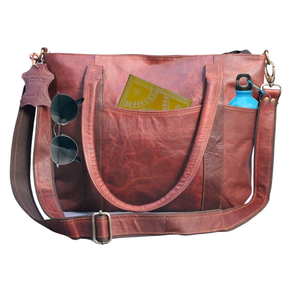 Madosh Vintage Genuine Leather Women's Tote Style Side Shoulder Handbag Valentine Gift Shopper Brown 16” Crossbody Bag